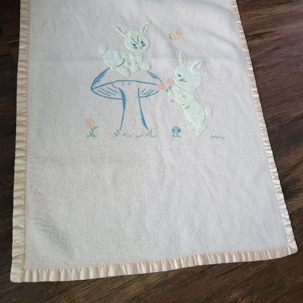Vintage Pastel Pink Baby Blanket Applique Bunnies Mushroom Bird flower satin tri